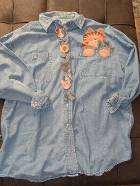 Nell Flowers Denim Button-Up Shirt with Cat Appliqués, Cottagecore